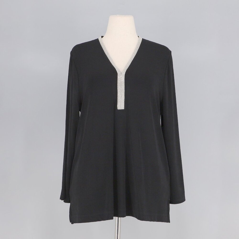 CHICO'S Embellished Shimmer Neckline Slinky Stretch Top Blouse Black Size 3/XL